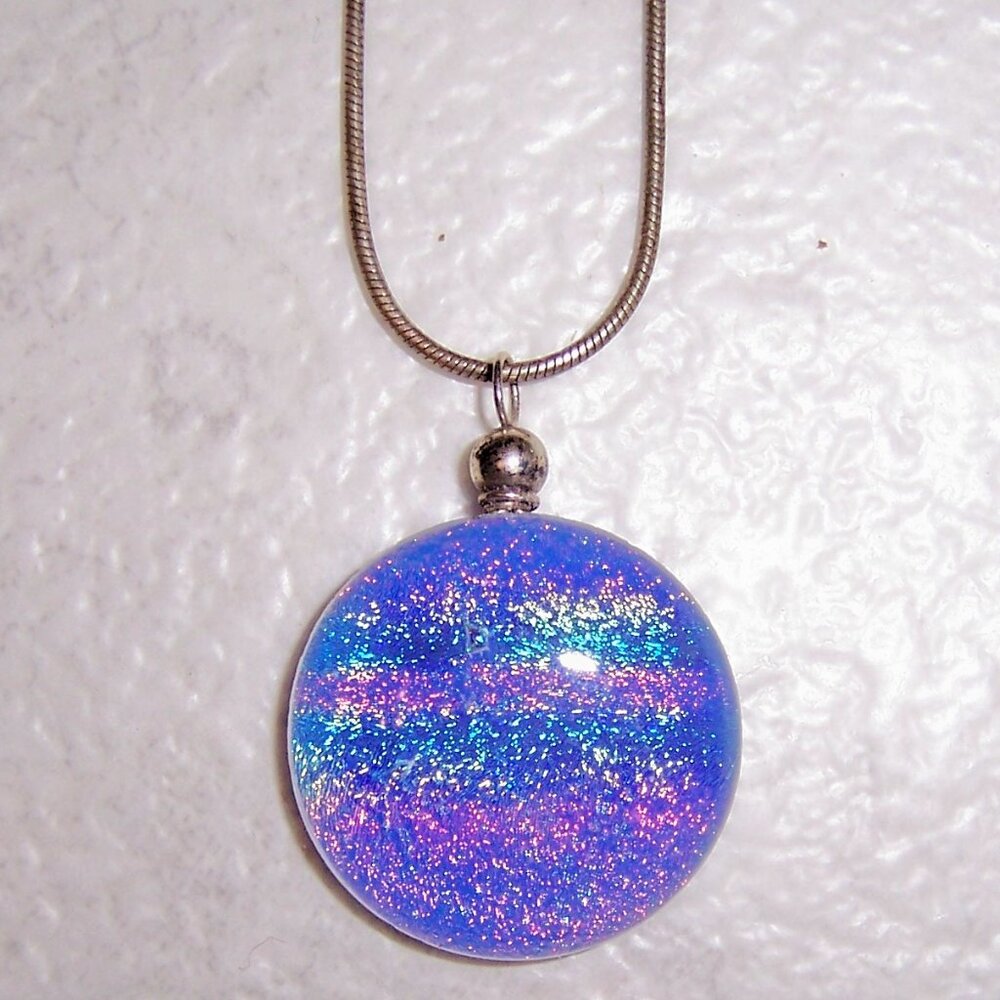 Round Dichroic Glass Rainbow Pendant Necklace 16" Sterling Silver Chain